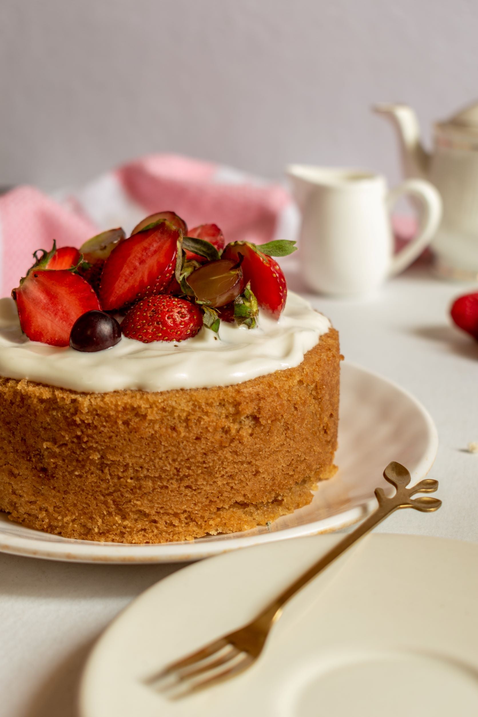 Eggless vanilla cake with strawberries, anytime cake, teacake